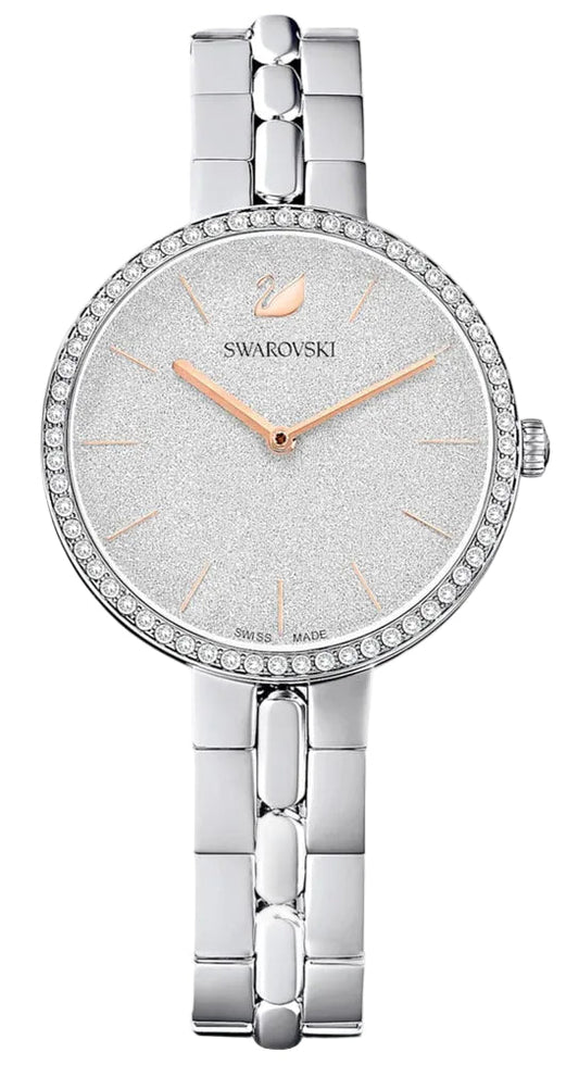 Swarovski Cosmopolitan women's watch with silver dial, crystal bezel, and stainless steel bracelet, front view