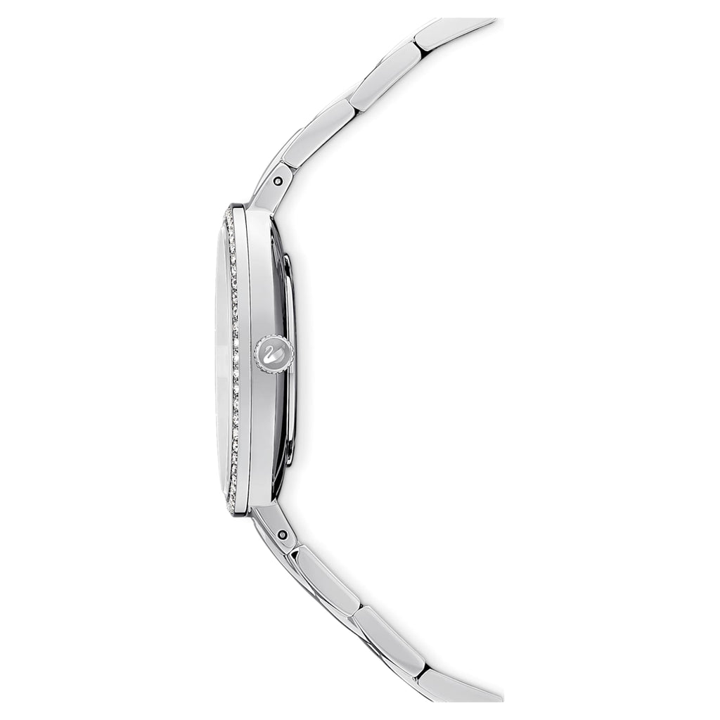 Swarovski Cosmopolitan watch side profile showing case depth and stainless steel bracelet