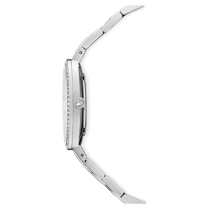 Swarovski Cosmopolitan watch side profile showing case depth and stainless steel bracelet