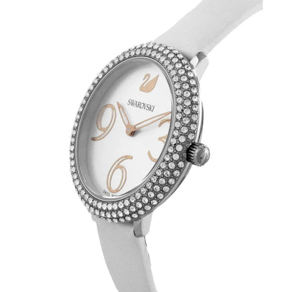 Angled view of Swarovski Crystal Frost watch showing crystal-embellished bezel and white strap