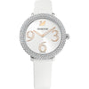 Swarovski Crystal Frost women's watch with silver dial, crystal bezel, and white leather strap