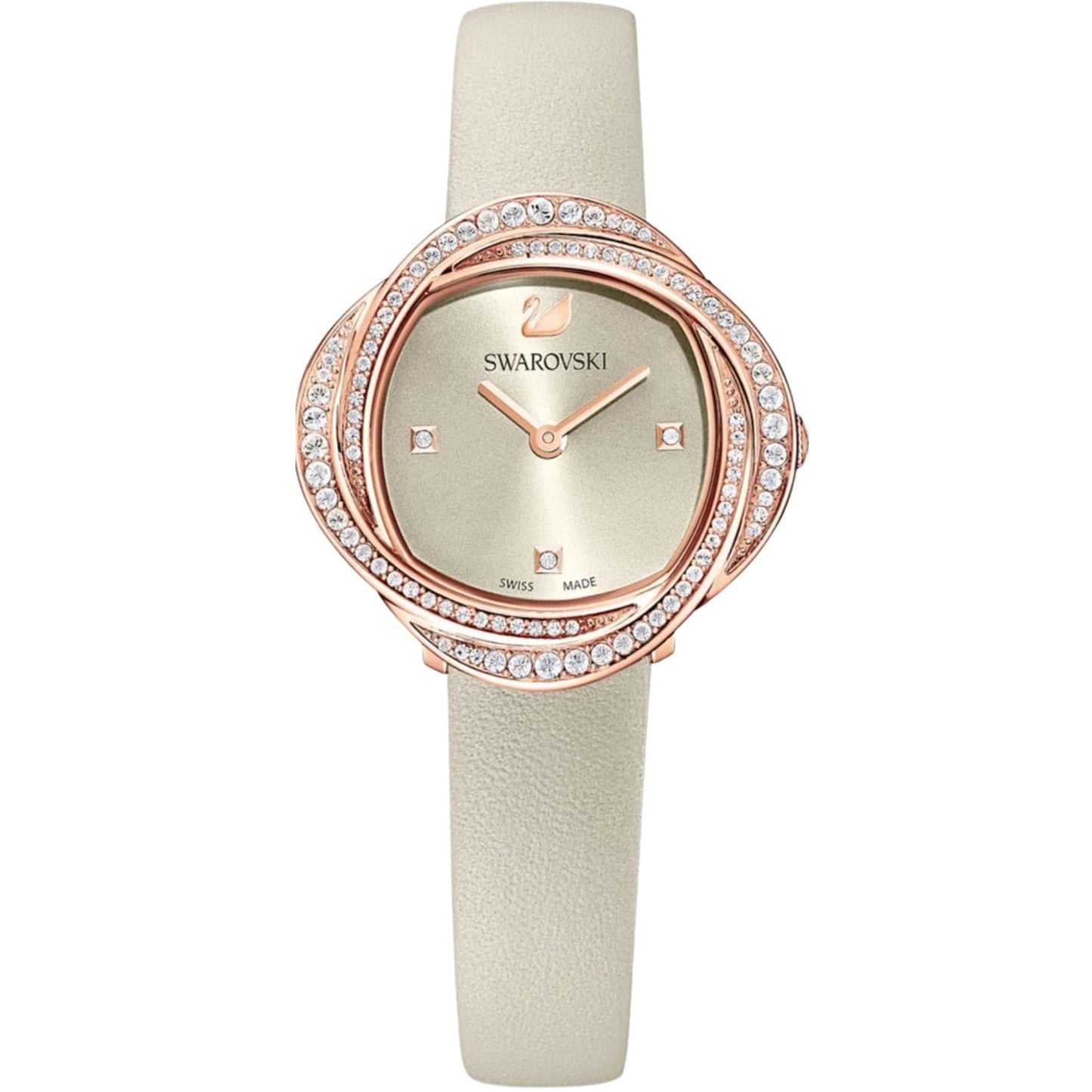 Swarovski Crystalline Aura women's watch with ivory dial and rose gold pavé bezel on cream strap