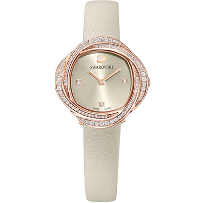 Swarovski Crystalline Aura women's watch with ivory dial and rose gold pavé bezel on cream strap