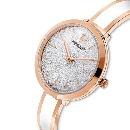 Angled view of Crystalline Delight silver dial watch with rose gold tone case