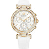 Swarovski Era Journey women's watch with silver dial, rose gold chronograph case, crystal bezel, and white leather strap
