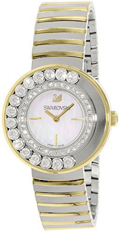 Swarovski Lovely Crystals watch side view displaying two-tone metal bracelet