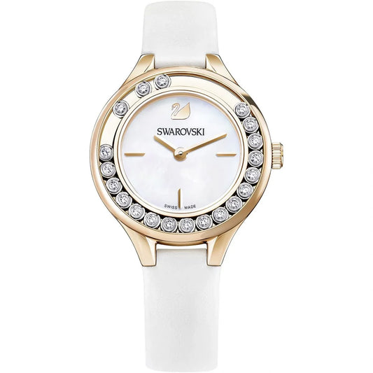 Swarovski Lovely Crystals rose gold women's watch with crystal bezel and white leather strap