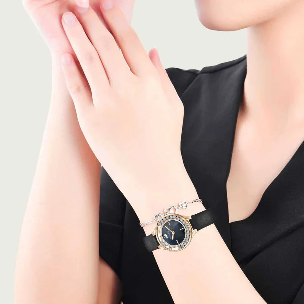 Swarovski Lovely Crystals watch worn on wrist, showing black dial and crystal bezel