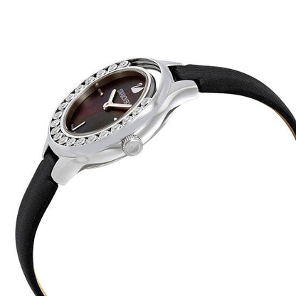 Side view of Swarovski Lovely Crystals Mini watch with black leather strap