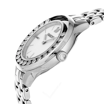Swarovski Lovely Crystals Mini watch displayed at angle showing silver steel bracelet and crystal details