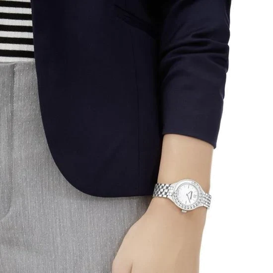 Swarovski Lovely Crystals Mini women's watch worn on wrist with silver steel bracelet