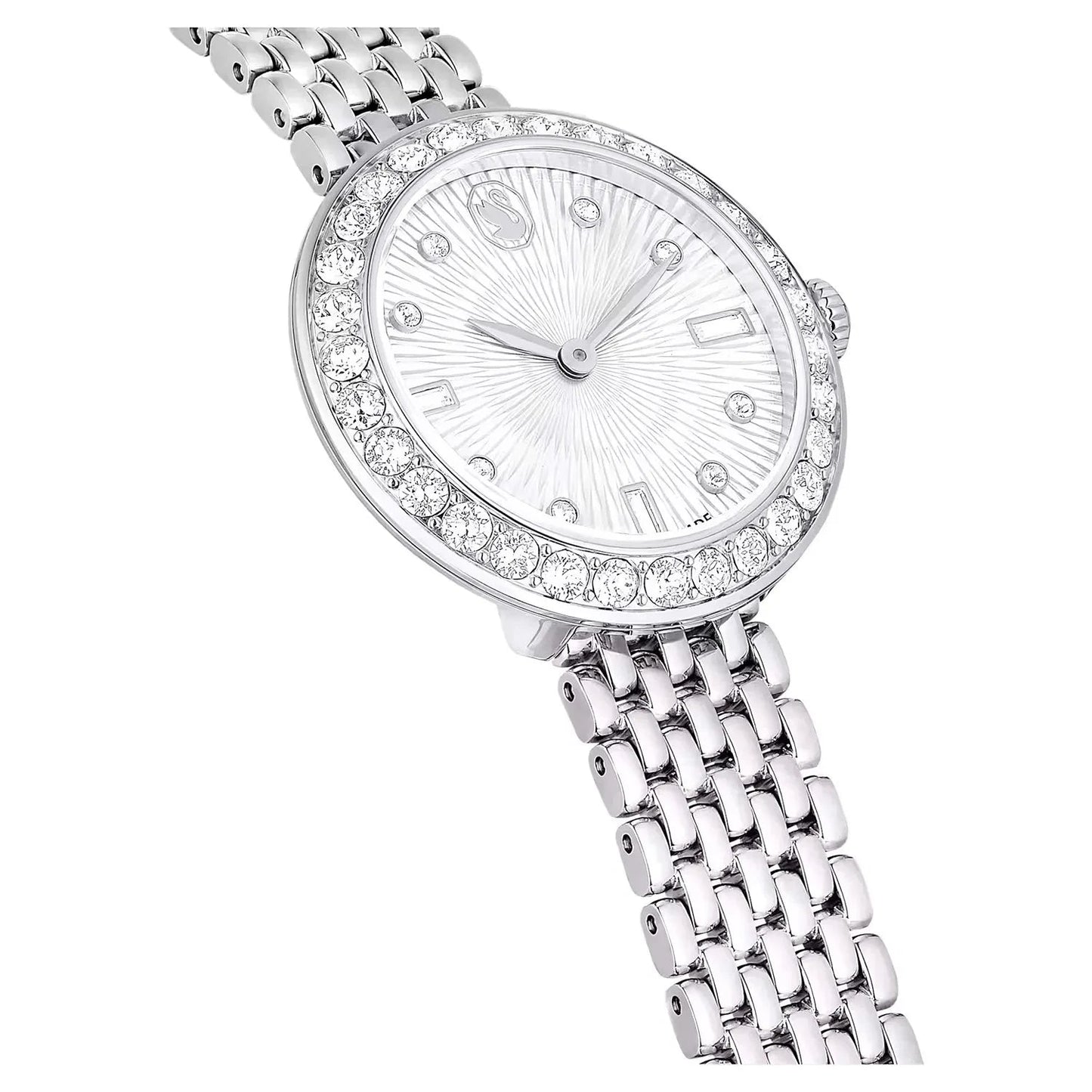 Swarovski Octea Chrono watch angled view with silver dial and crystal bezel detail