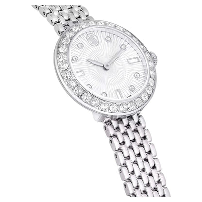 Swarovski Octea Chrono watch angled view with silver dial and crystal bezel detail