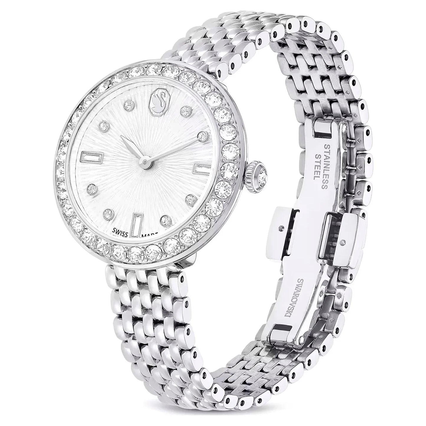 Swarovski Octea Chrono watch front and side view with crystal bezel and steel bracelet