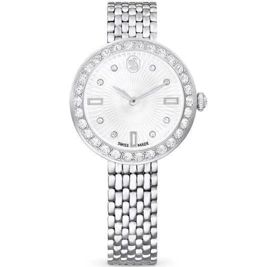 Swarovski Octea Chrono silver watch with crystal bezel and silver dial on steel bracelet