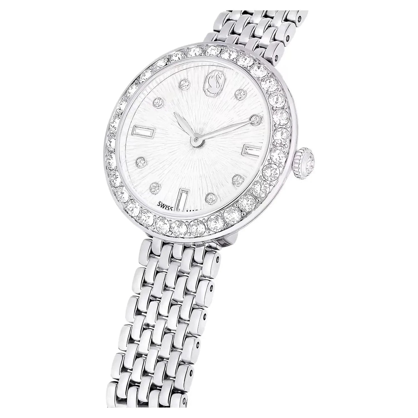 Swarovski Octea Chrono watch on wrist showing silver dial and steel bracelet