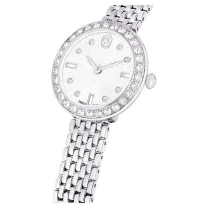 Swarovski Octea Chrono watch on wrist showing silver dial and steel bracelet