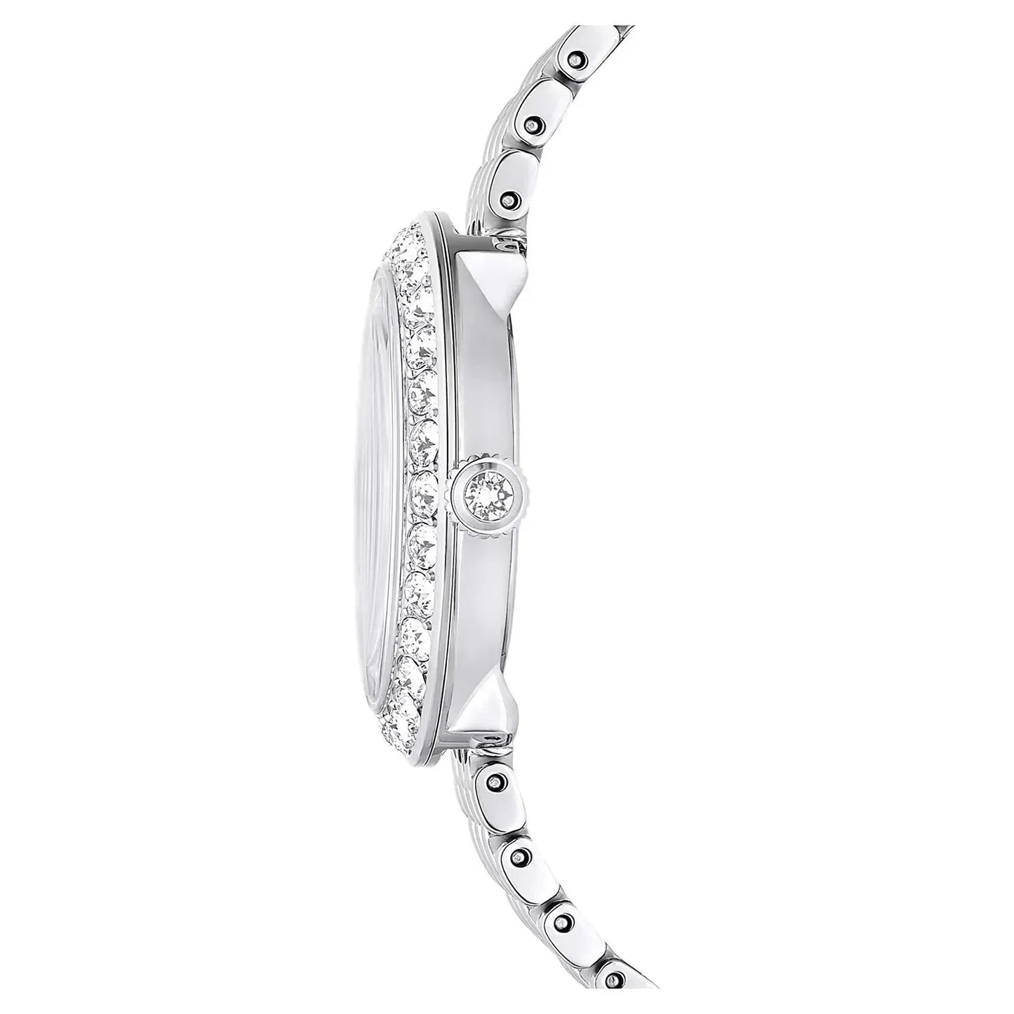 Swarovski Octea Chrono watch side profile showing crystal-set bezel and steel case