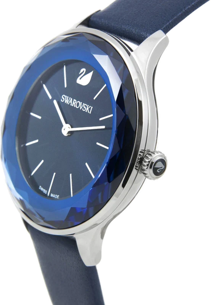 Blue dial Swarovski watch with three-dimensional faceted bezel and navy leather strap
