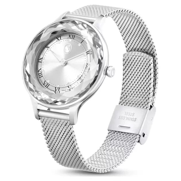 Swarovski Octea Nova on wrist showing sapphire crystal bezel and mesh bracelet