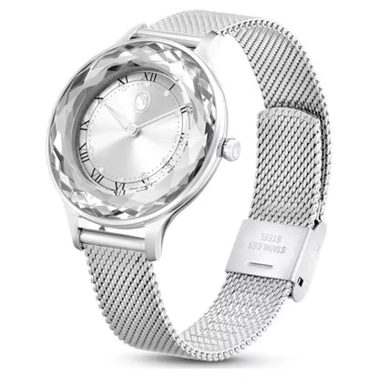 Swarovski Octea Nova on wrist showing sapphire crystal bezel and mesh bracelet