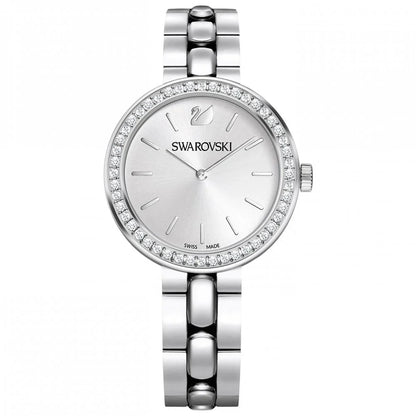 Swarovski Octea Sport watch with white dial, faceted crystal bezel, and stainless steel bracelet