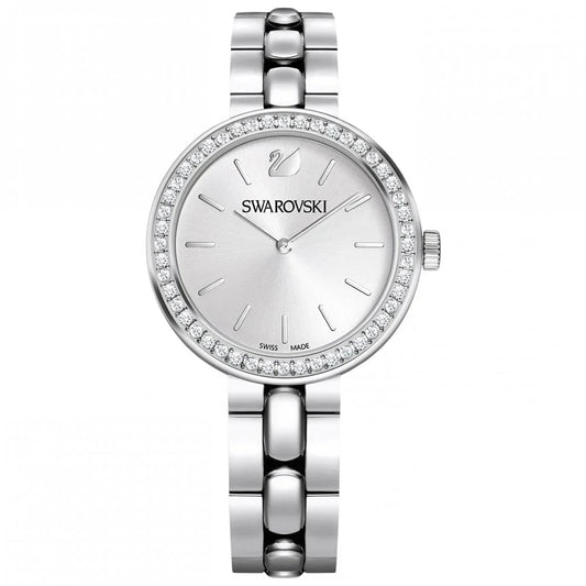 Swarovski Octea Sport watch with white dial, faceted crystal bezel, and stainless steel bracelet