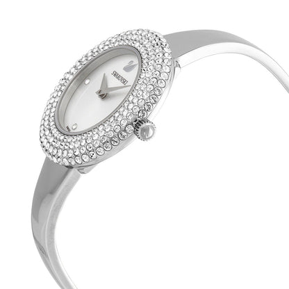 Side angle view of Swarovski Crystal Sparkling watch with silver steel bracelet