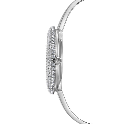 Profile view of Swarovski Crystal Sparkling watch showing micro-pave bezel and bracelet