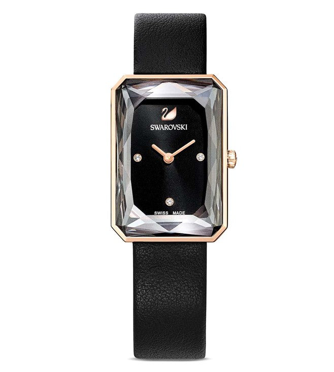 Swarovski Uptown rectangular watch with black dial, rose-gold case, and black leather strap