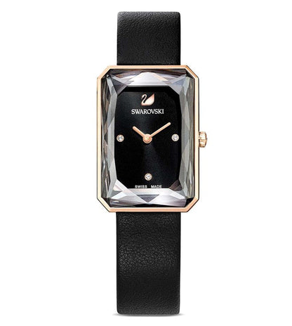Swarovski Uptown rectangular watch with black dial, rose-gold case, and black leather strap