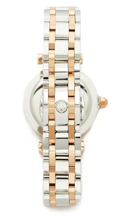 Back view of Tory Burch TBW9013 two-tone bracelet showing case back and clasp detail