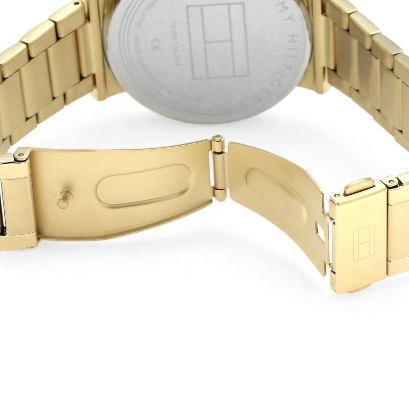 Gold steel watch bracelet clasp detail and back link view