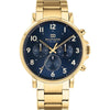 Tommy Hilfiger gold chronograph watch with navy dial and arabic numerals