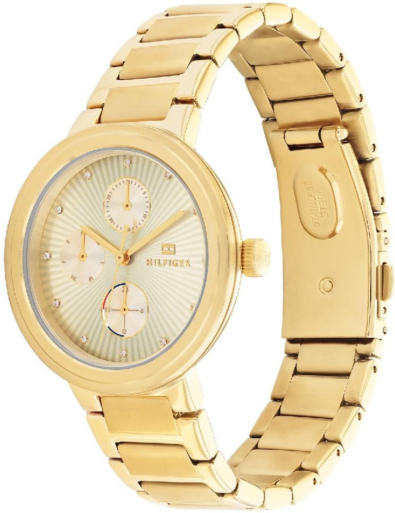 Tommy Hilfiger gold bracelet watch shown from angled side view