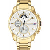 Tommy Hilfiger gold steel multi-function watch with white dial, chronograph subdials, and gold tone hands