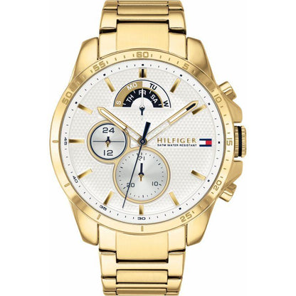 Tommy Hilfiger gold steel multi-function watch with white dial, chronograph subdials, and gold tone hands