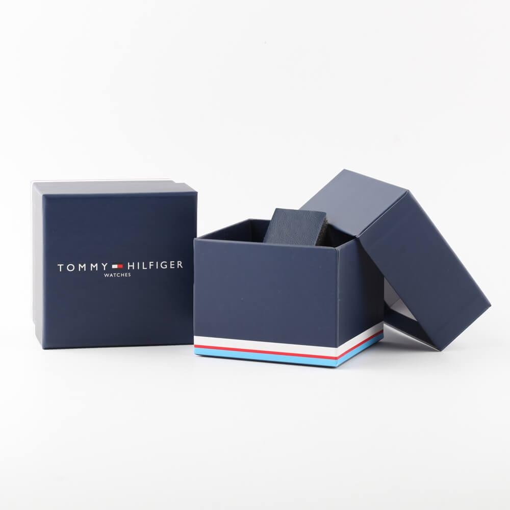 Tommy Hilfiger Austin watch packaged in navy blue box with brand logo and striped accent