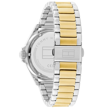 Case back view displaying two-tone stainless steel bracelet with silver outer and gold center links