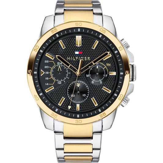 Tommy Hilfiger dual-tone steel men's chronograph watch with black dial and gold-plated bezel