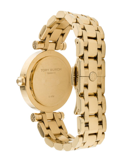 Tory Burch Classic T watch angle view showing gold case back and integrated bracelet