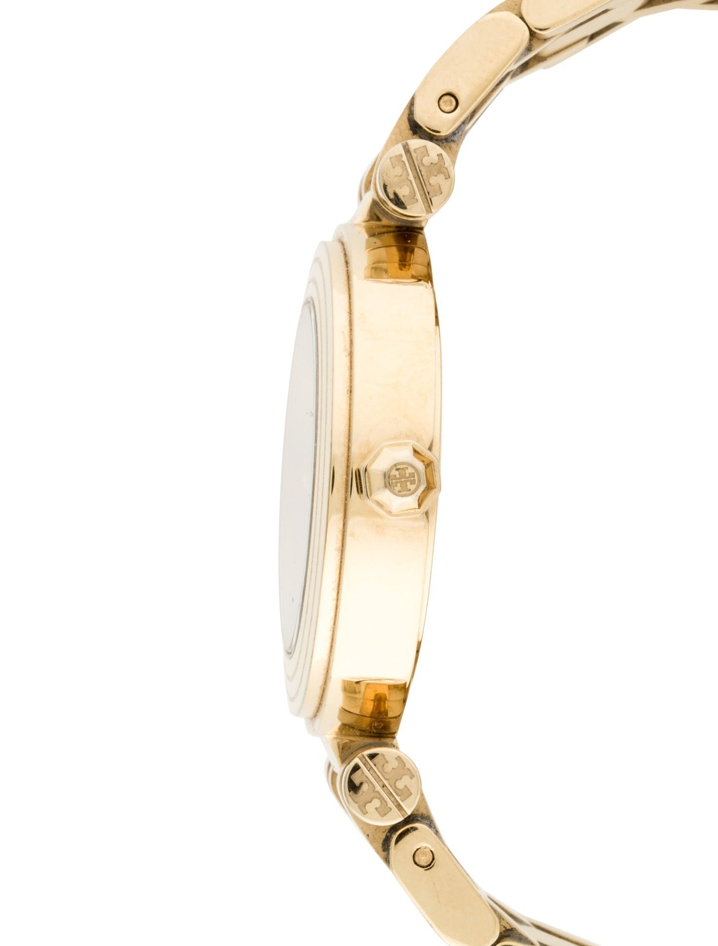 Side profile of Tory Burch Classic T watch showing case thickness and bracelet curvature