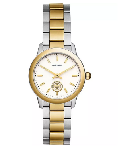 Tory Burch Collins Petite watch with yellow gold and stainless steel two-tone bracelet and white dial