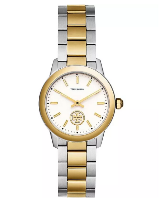 Tory Burch Collins Petite watch with yellow gold and stainless steel two-tone bracelet and white dial