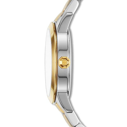 Side view of Collins Petite watch showing yellow gold bezel and two-tone stainless steel case