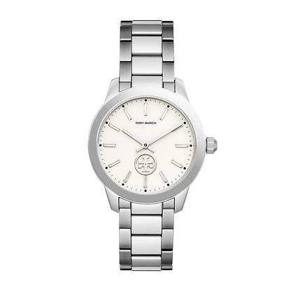 Tory Burch Collins silver stainless steel watch with white dial and link bracelet
