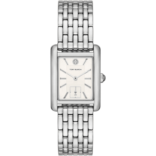 Tory Burch The Eleanor women's stainless steel bracelet watch with 25mm rectangular case and silver dial