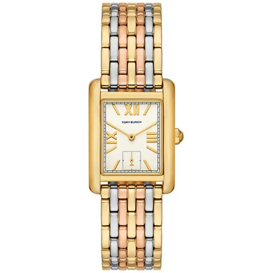 Tory Burch Eleanor tri-tone stainless steel women's watch with white dial and Roman numerals