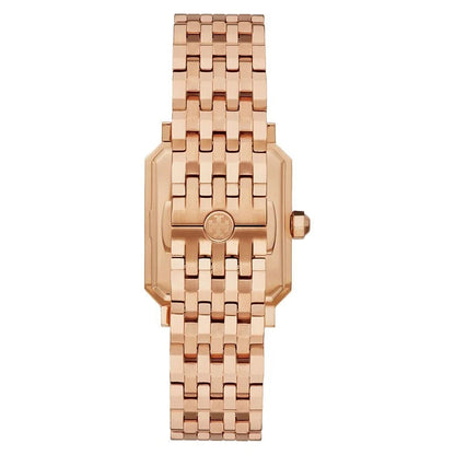 Side view of Tory Burch Robinson rose gold watch displaying rectangular case and link bracelet