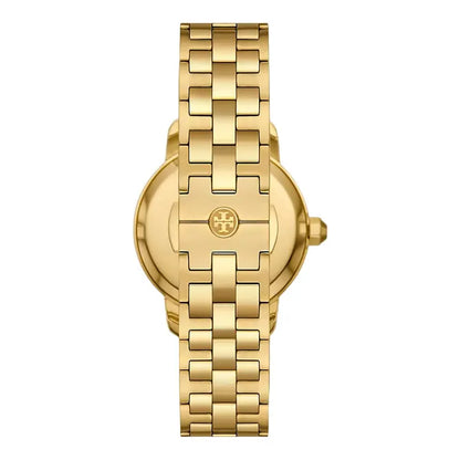 Tory Burch TBW1053 side view showing gold stainless steel case and bracelet